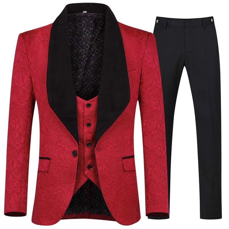 YFFUSHI Men's 3 Piece Suit Slim Fit Jacquard Tuxedo 1 Button Shawl Collar Blazer Vest & Pants for Wedding Formal Prom Red - Image 1